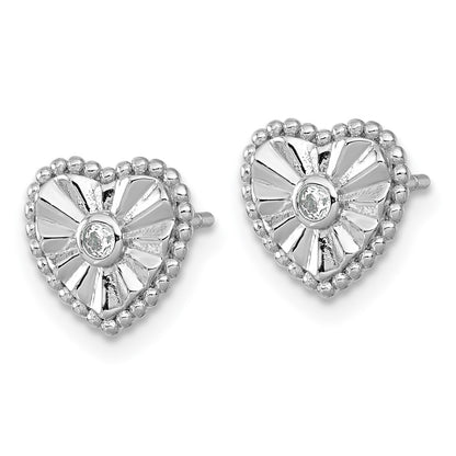 Sterling Silver Rhodium Plated Polished and Textured CZ Heart Post Earrings