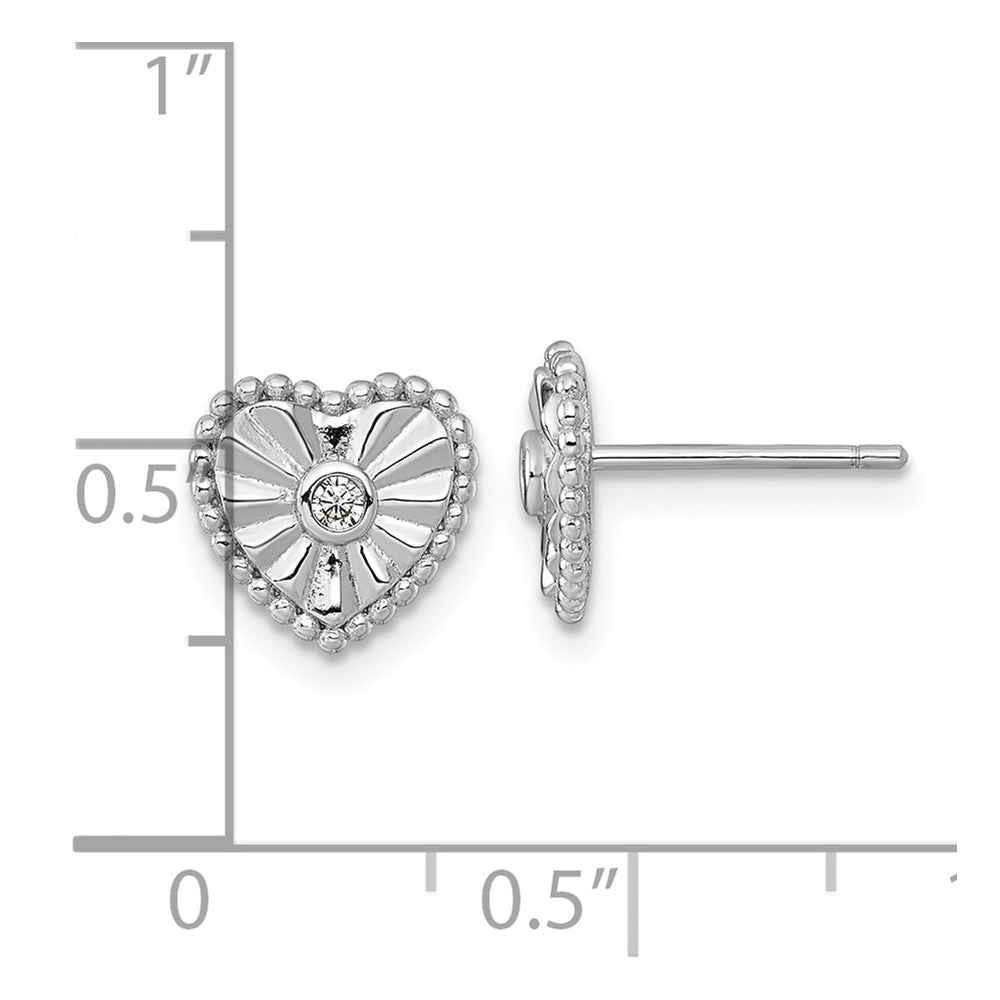 Sterling Silver Rhodium Plated Polished and Textured CZ Heart Post Earrings