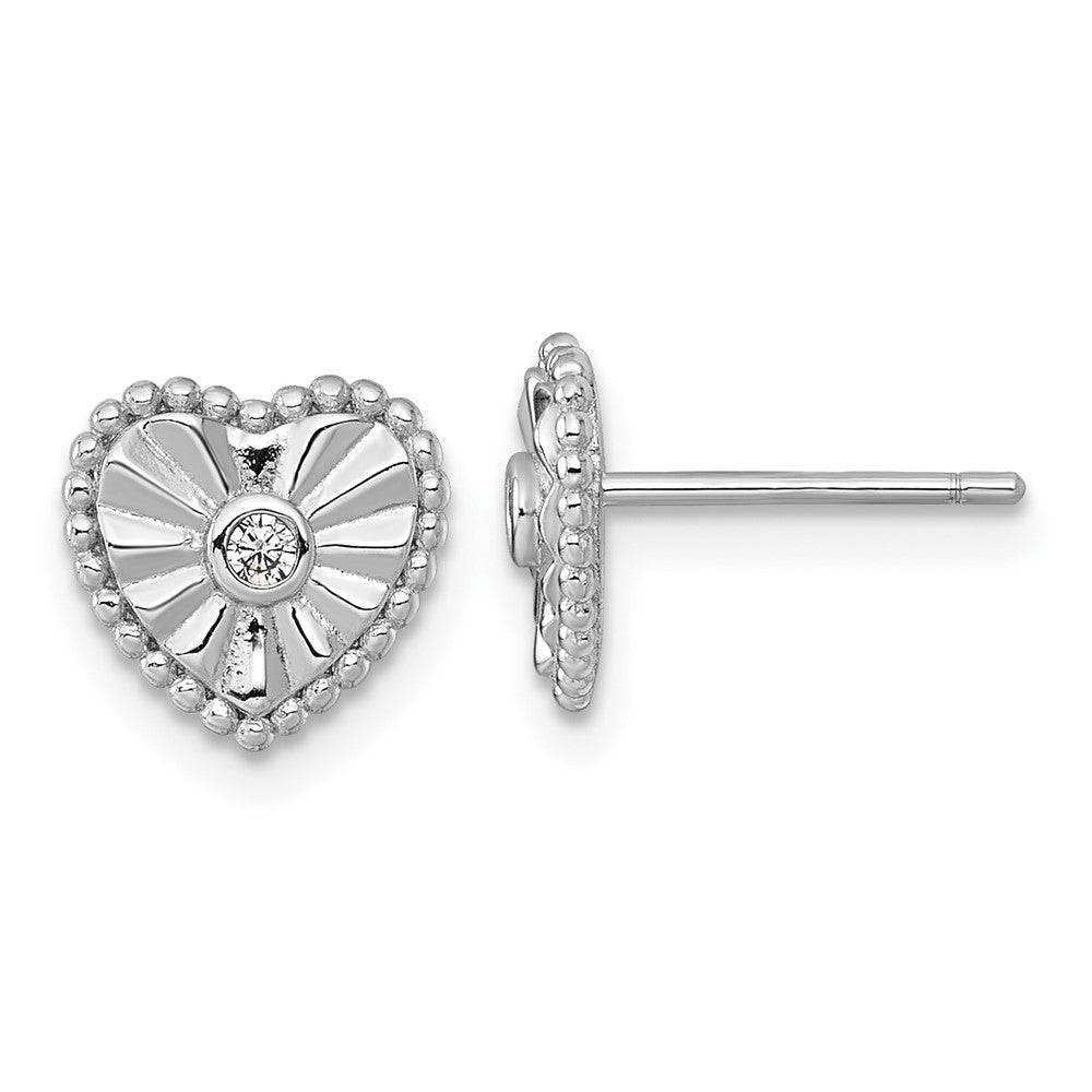 Sterling Silver Rhodium Plated Polished and Textured CZ Heart Post Earrings