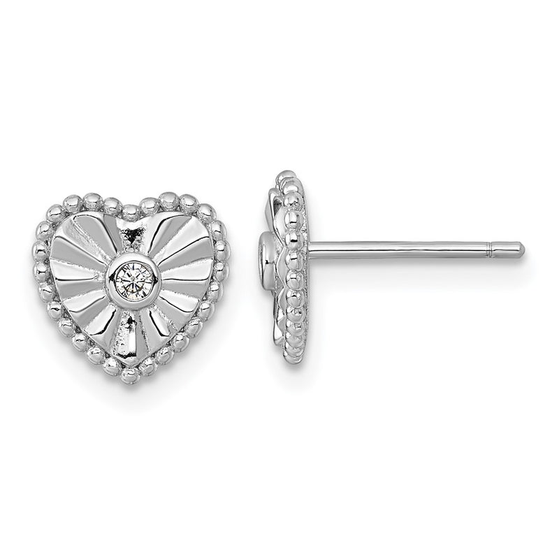 Sterling Silver Rhodium Plated Polished and Textured CZ Heart Post Earrings