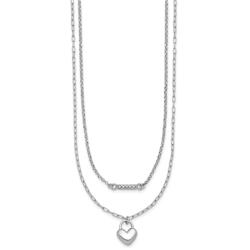 Sterling Silver Rhodium-Plated CZ Puff Heart 16 w/2in Ext 2-strand Necklace