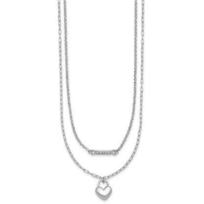 Sterling Silver Rhodium-Plated CZ Puff Heart 16 w/2in Ext 2-strand Necklace