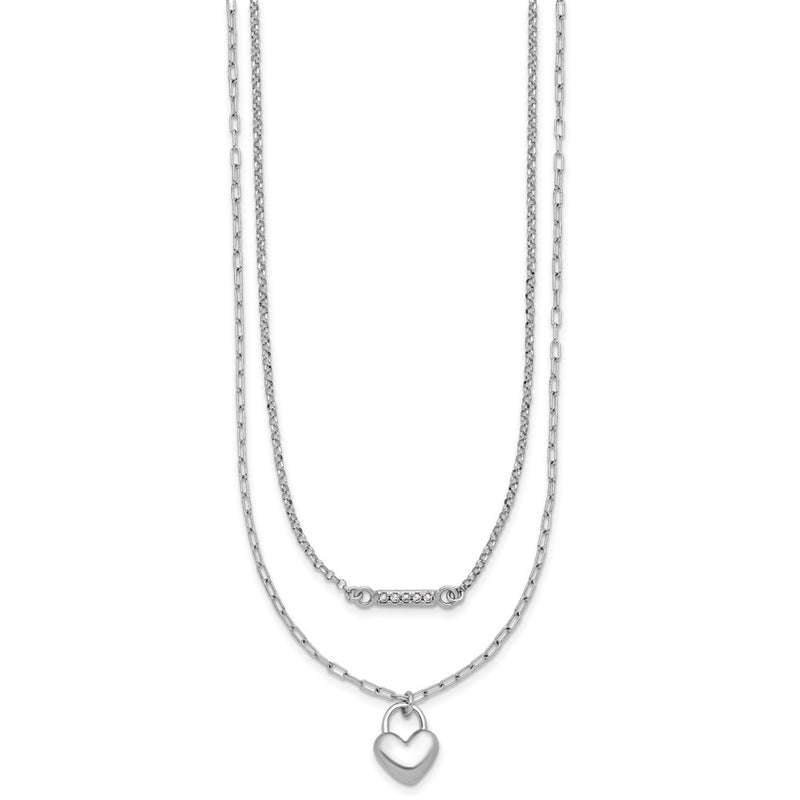 Sterling Silver Rhodium-Plated CZ Puff Heart 16 w/2in Ext 2-strand Necklace