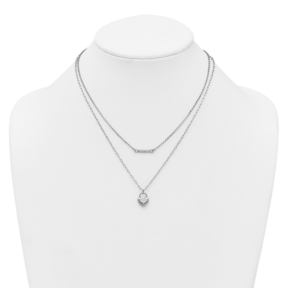 Sterling Silver Rhodium-Plated CZ Puff Heart 16 w/2in Ext 2-strand Necklace