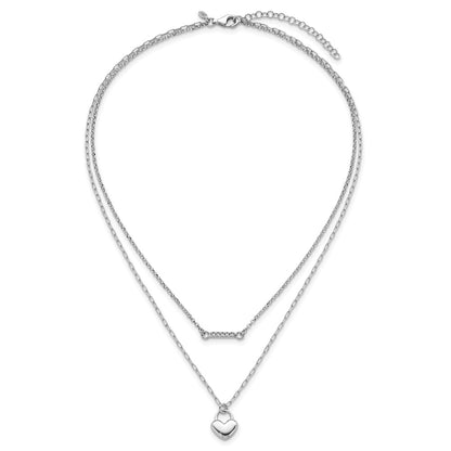 Sterling Silver Rhodium-Plated CZ Puff Heart 16 w/2in Ext 2-strand Necklace