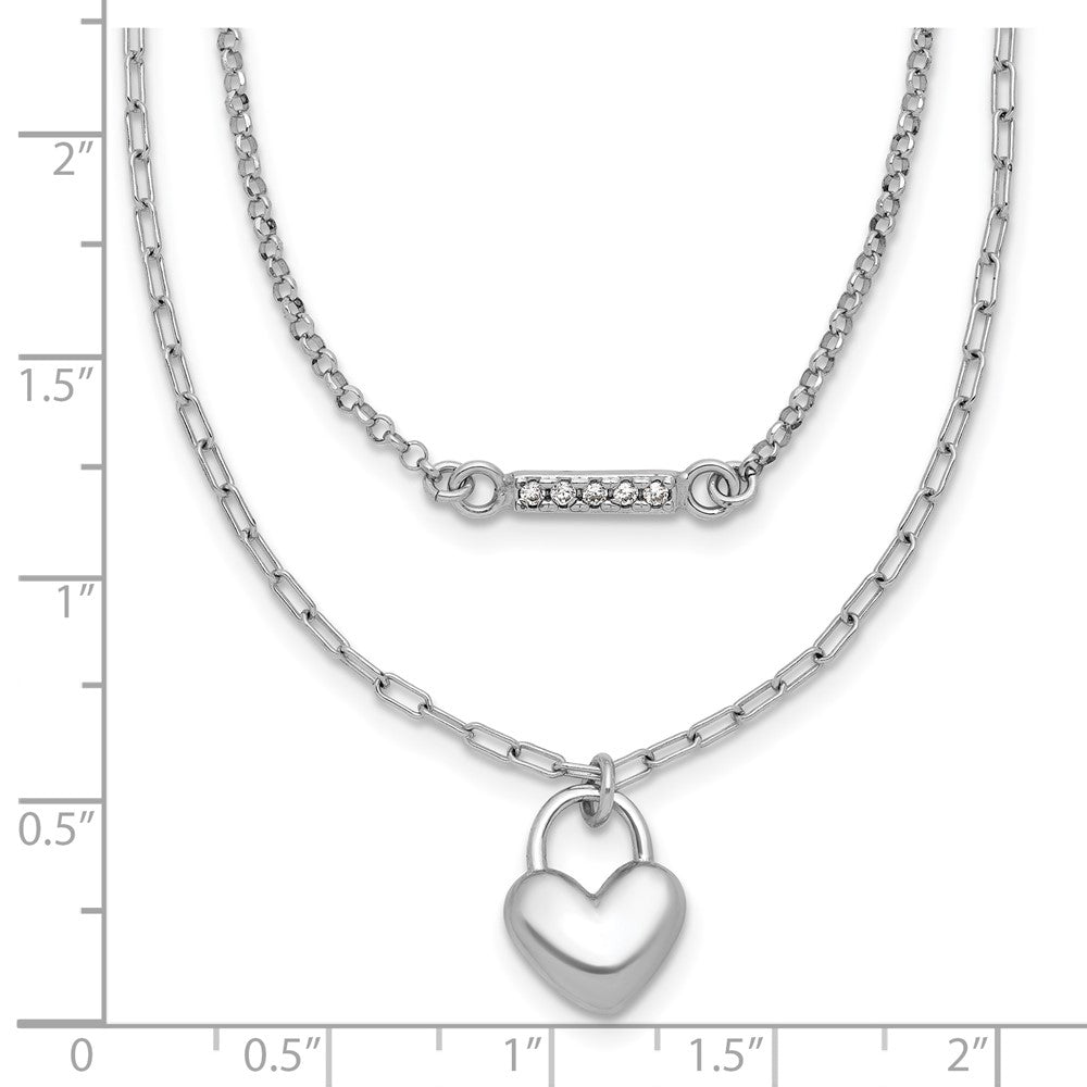 Sterling Silver Rhodium-Plated CZ Puff Heart 16 w/2in Ext 2-strand Necklace