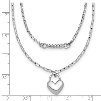 Sterling Silver Rhodium-Plated CZ Puff Heart 16 w/2in Ext 2-strand Necklace