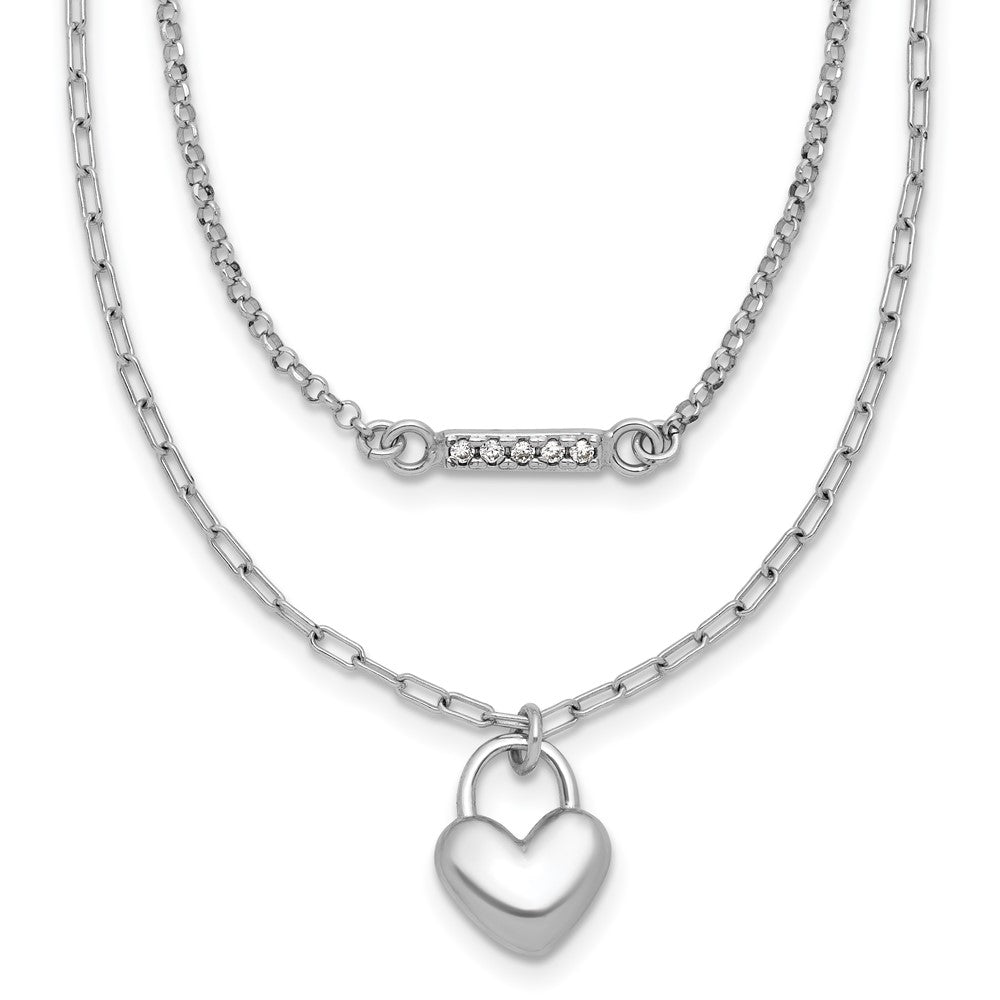 Sterling Silver Rhodium-Plated CZ Puff Heart 16 w/2in Ext 2-strand Necklace