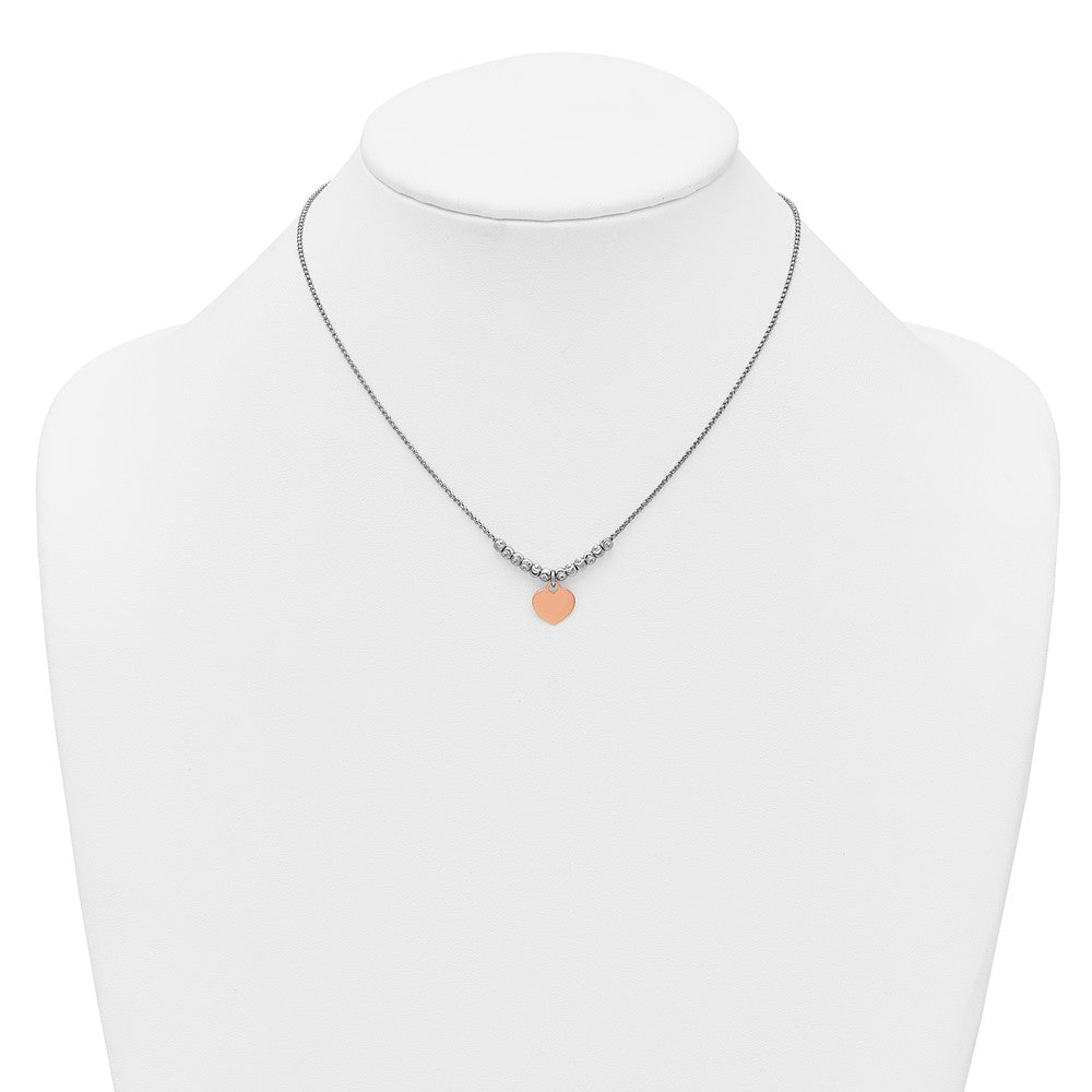 Sterling Silver Rhodium-Plated Rose Gold-Plated Heart 16in 1in Ext Necklace