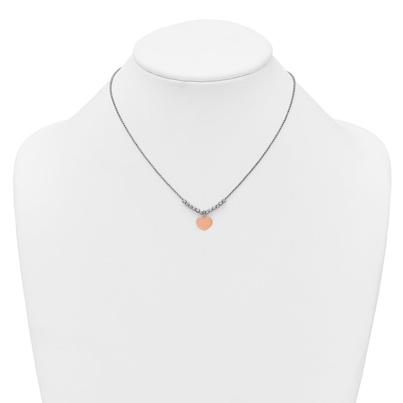 Sterling Silver Rhodium-Plated Rose Gold-Plated Heart 16in 1in Ext Necklace