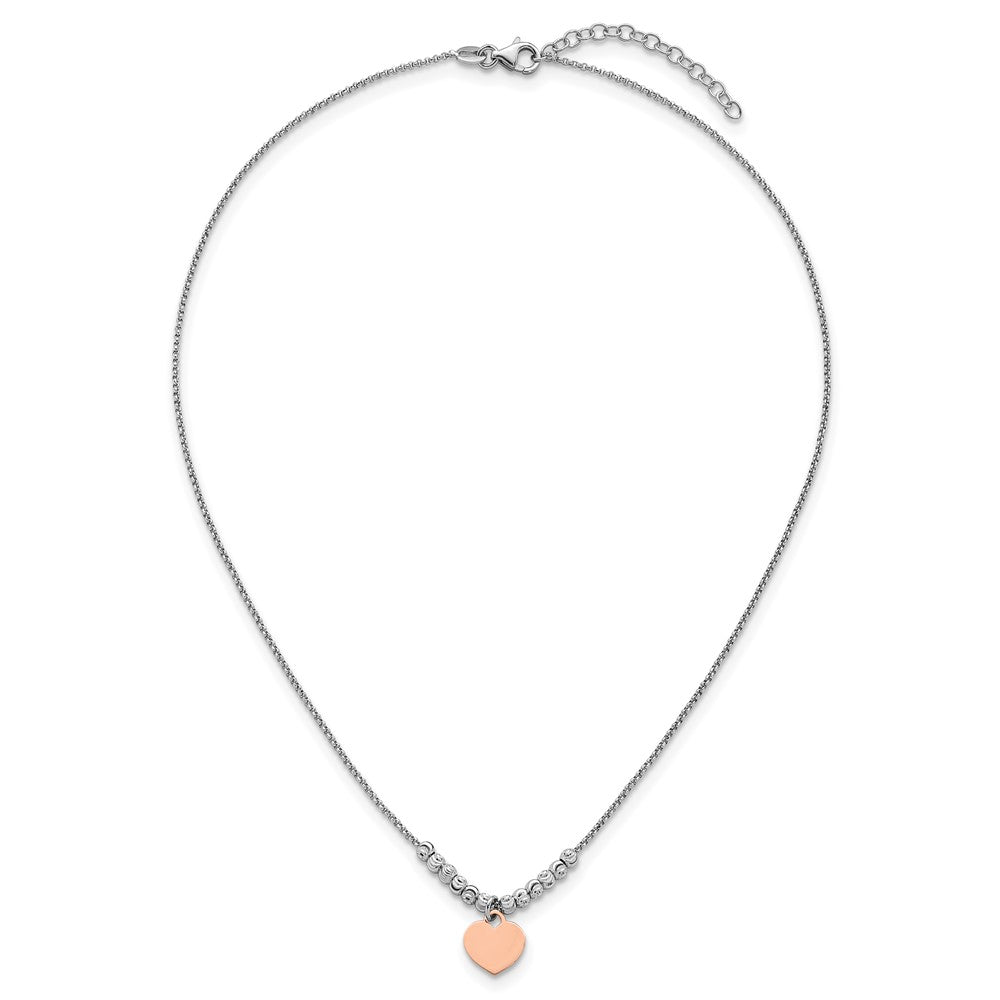 Sterling Silver Rhodium-Plated Rose Gold-Plated Heart 16in 1in Ext Necklace