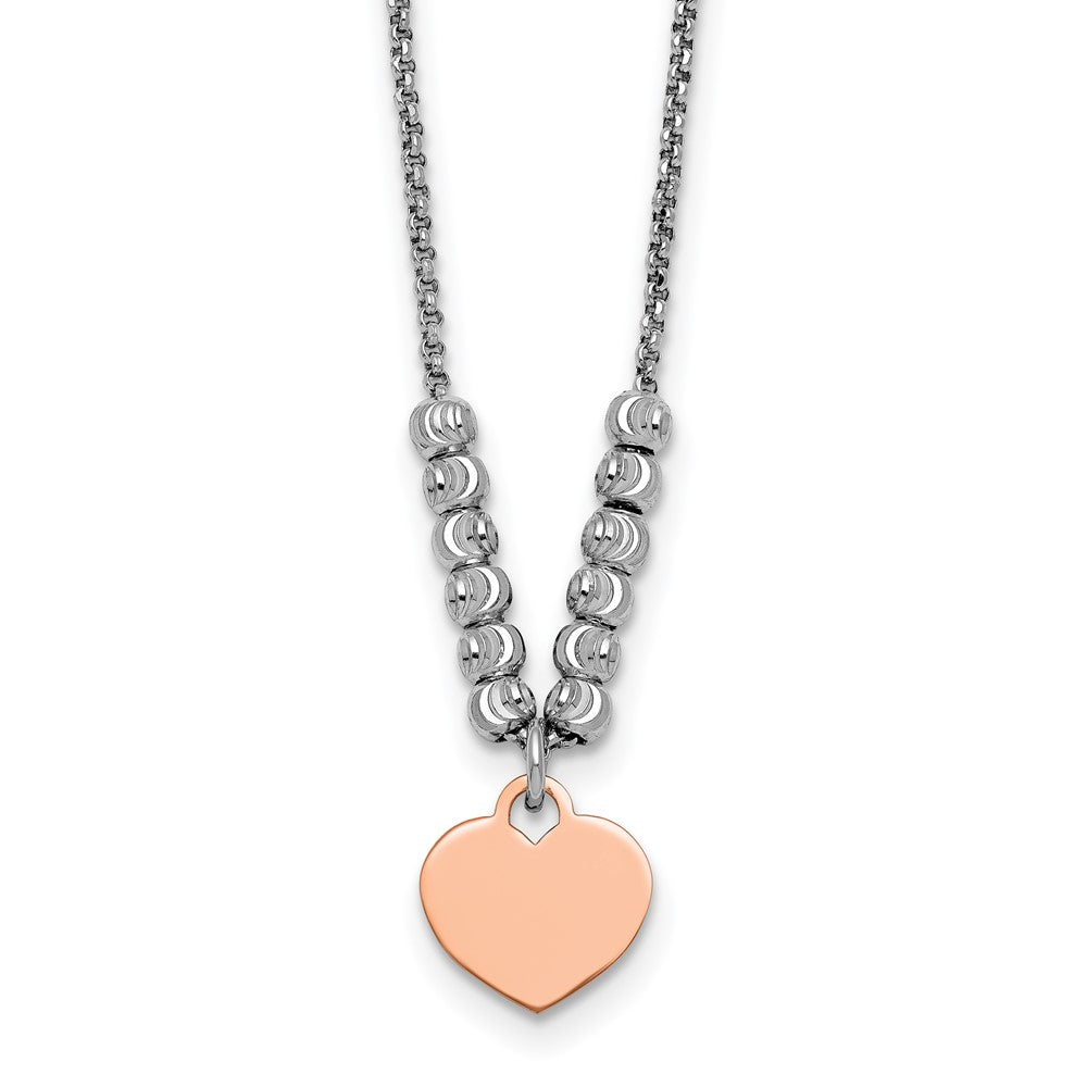 Sterling Silver Rhodium-Plated Rose Gold-Plated Heart 16in 1in Ext Necklace