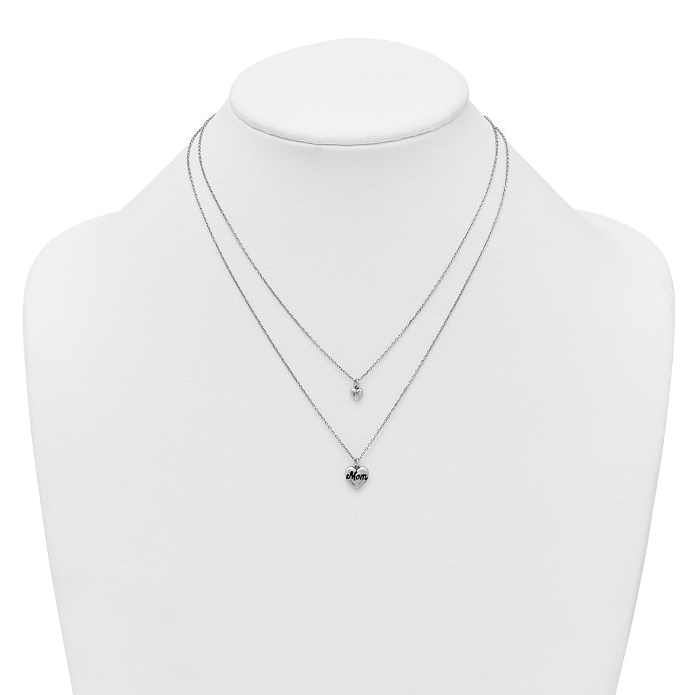 Sterling Silver Rhodium Plated 2 Strand Enamel Mom Heart w/1in Ext Necklace