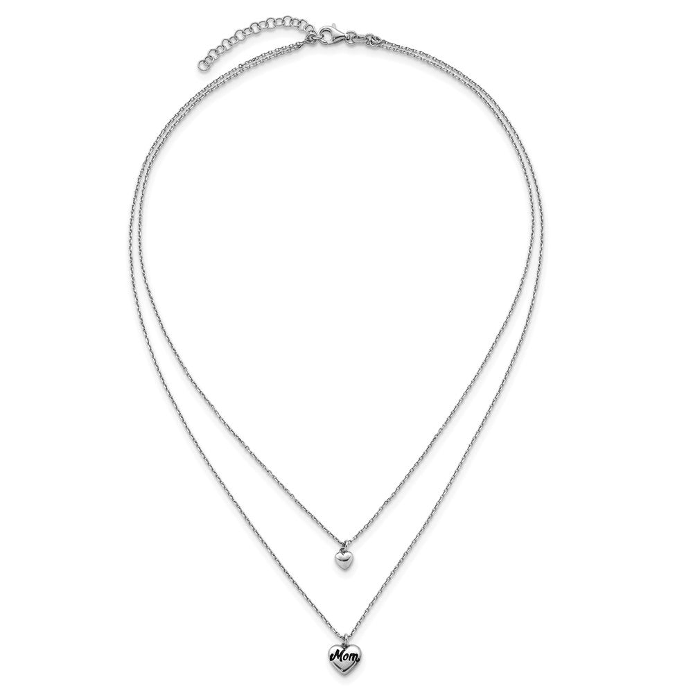 Sterling Silver Rhodium Plated 2 Strand Enamel Mom Heart w/1in Ext Necklace
