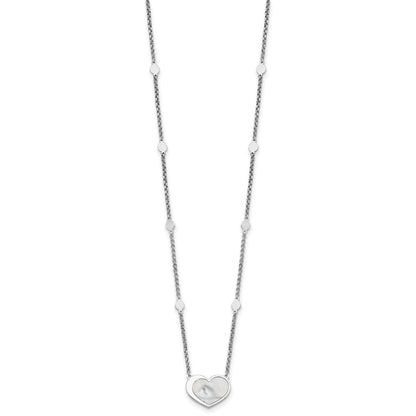 Sterling Silver Rhodium Plated Mother of Pearl Heart 16in w/1in Ext Necklace