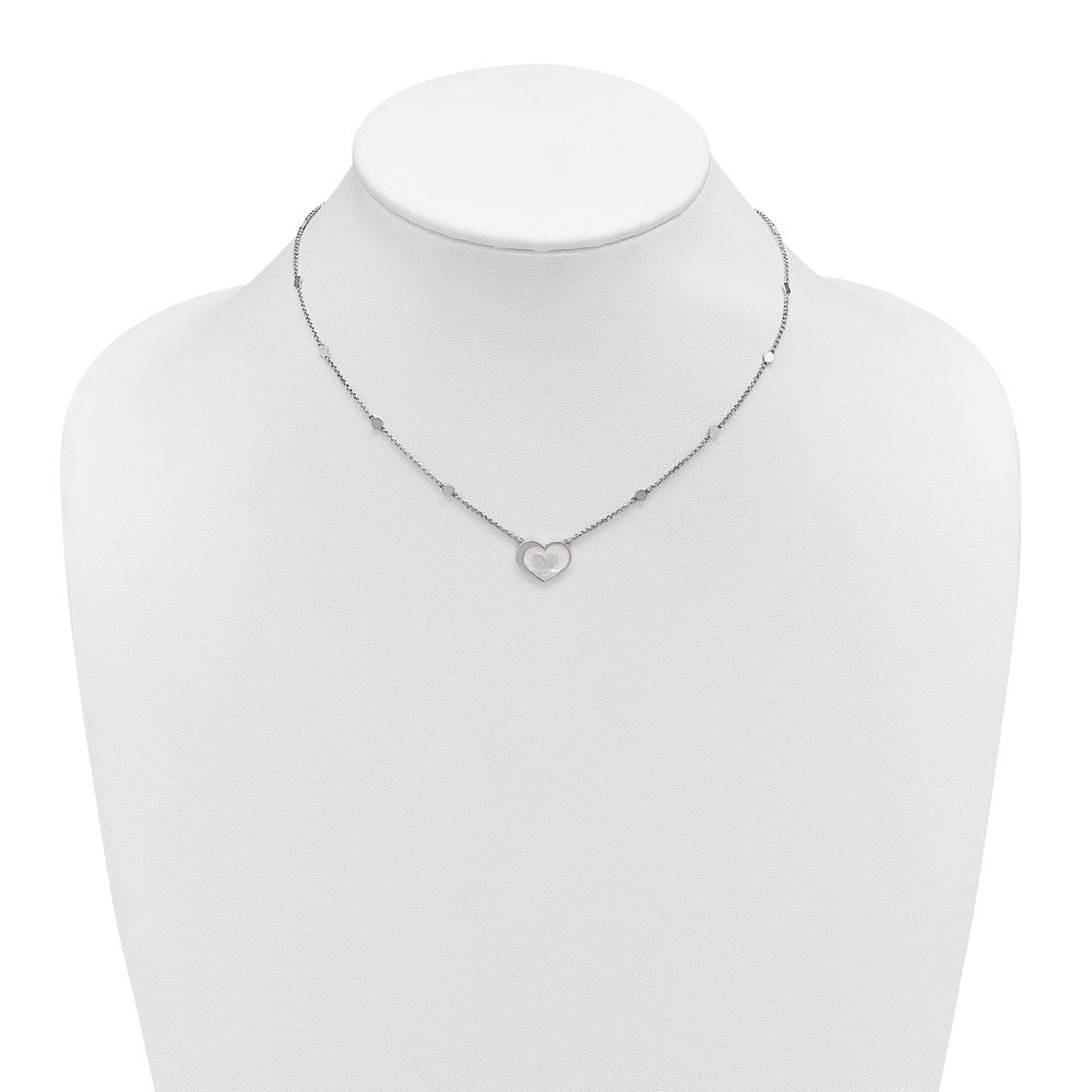 Sterling Silver Rhodium Plated Mother of Pearl Heart 16in w/1in Ext Necklace
