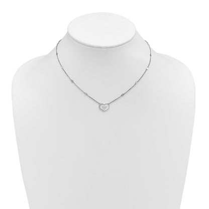 Sterling Silver Rhodium Plated Mother of Pearl Heart 16in w/1in Ext Necklace