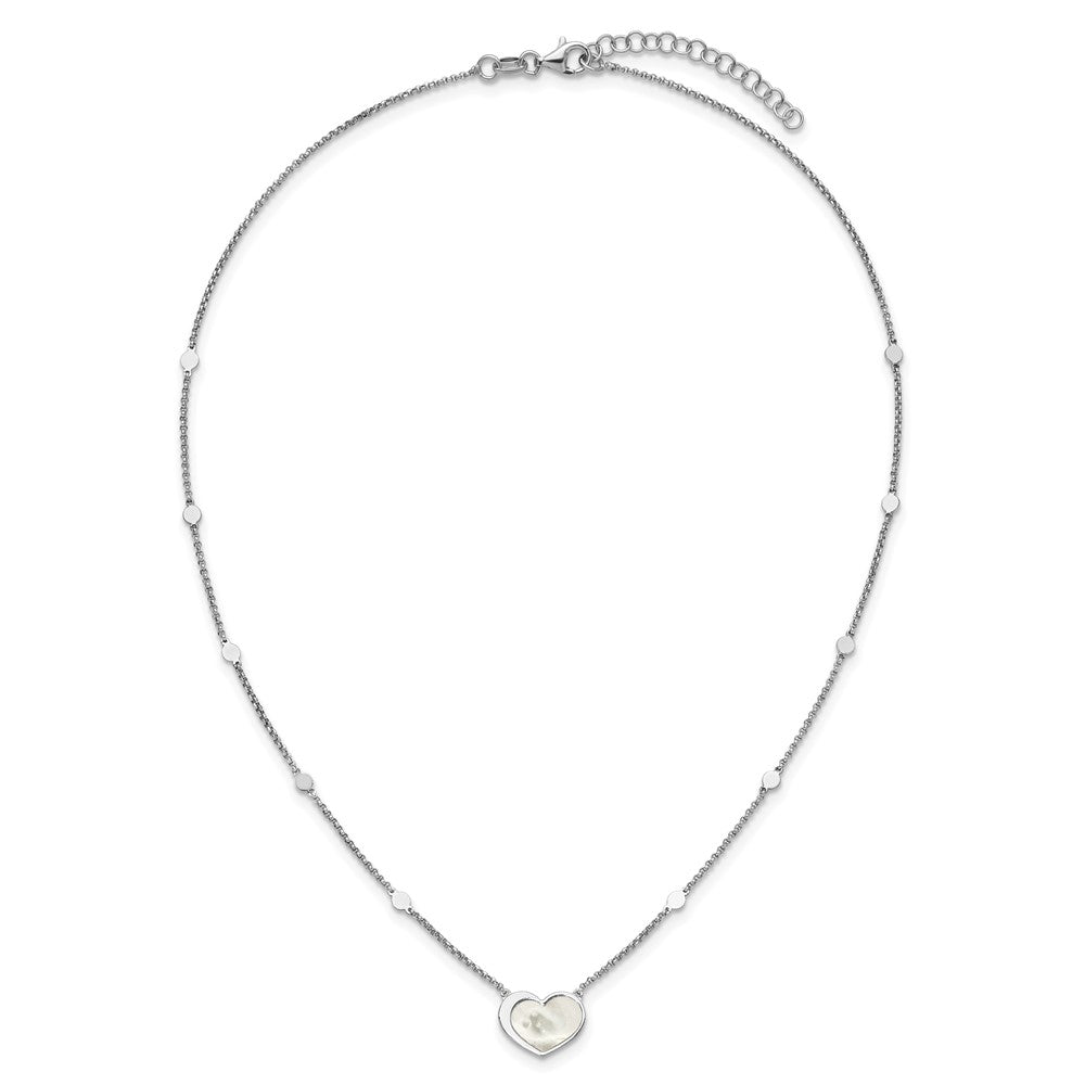 Sterling Silver Rhodium Plated Mother of Pearl Heart 16in w/1in Ext Necklace