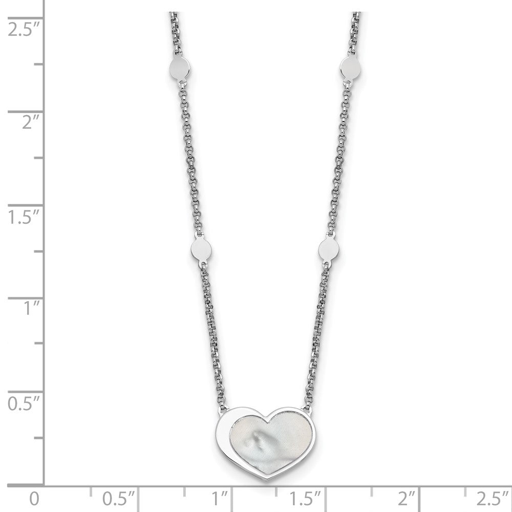 Sterling Silver Rhodium Plated Mother of Pearl Heart 16in w/1in Ext Necklace