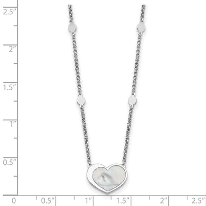 Sterling Silver Rhodium Plated Mother of Pearl Heart 16in w/1in Ext Necklace