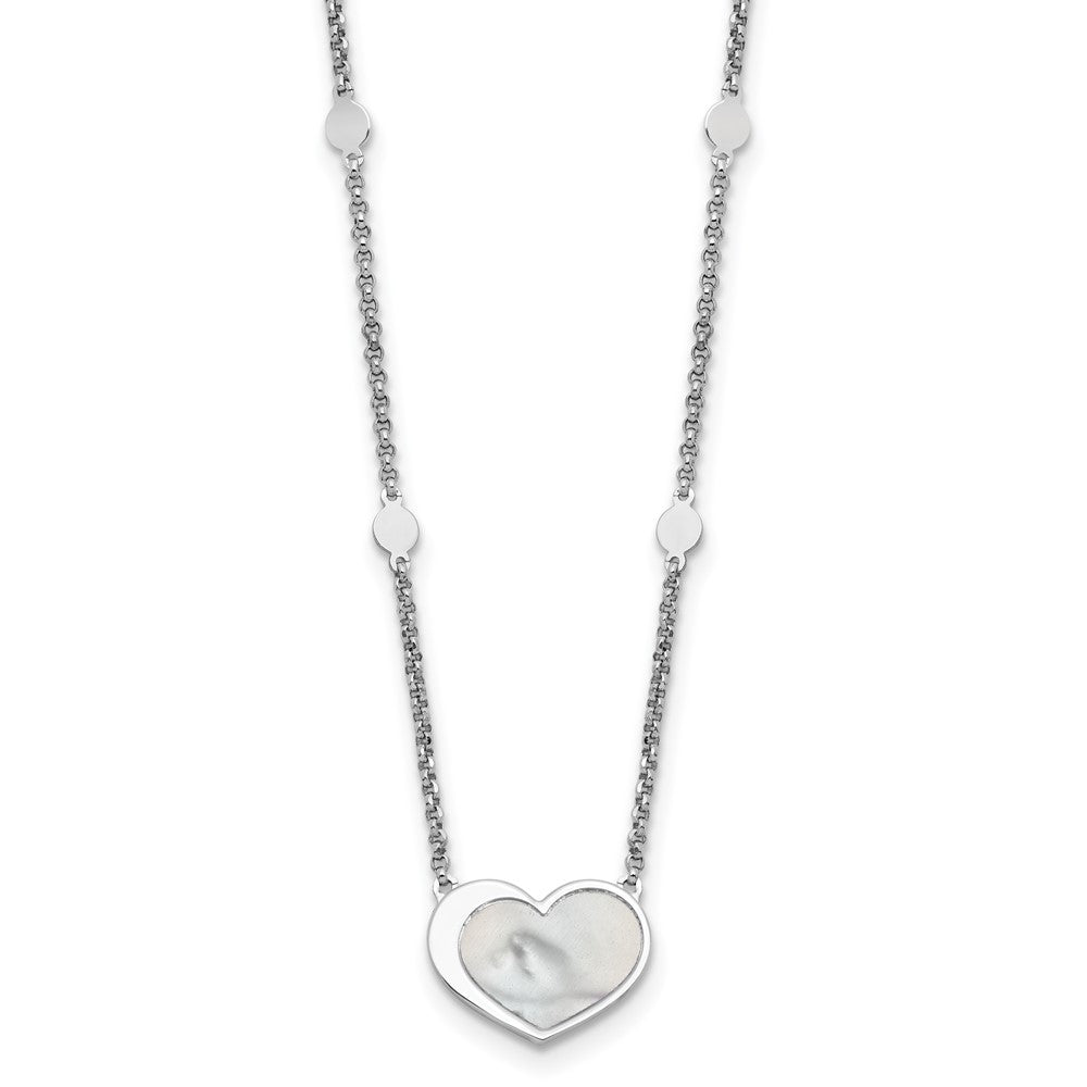 Sterling Silver Rhodium Plated Mother of Pearl Heart 16in w/1in Ext Necklace