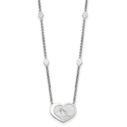 Sterling Silver Rhodium Plated Mother of Pearl Heart 16in w/1in Ext Necklace