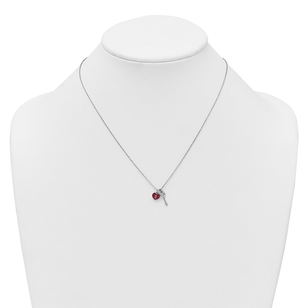 Sterling Silver Rhod-Plat Enamel Heart Lock W/key 16in w/1in Ext Necklace