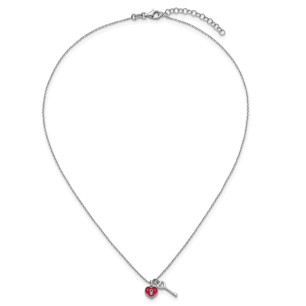 Sterling Silver Rhod-Plat Enamel Heart Lock W/key 16in w/1in Ext Necklace