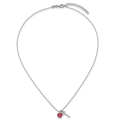 Sterling Silver Rhod-Plat Enamel Heart Lock W/key 16in w/1in Ext Necklace