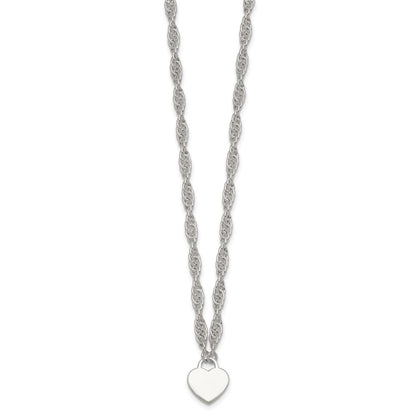 Sterling Silver Polished Engravable Heart 16in w/2in Ext Necklace