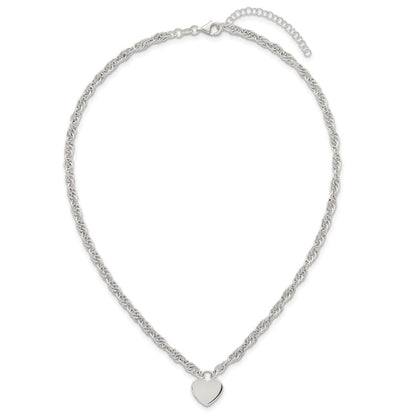 Sterling Silver Polished Engravable Heart 16in w/2in Ext Necklace