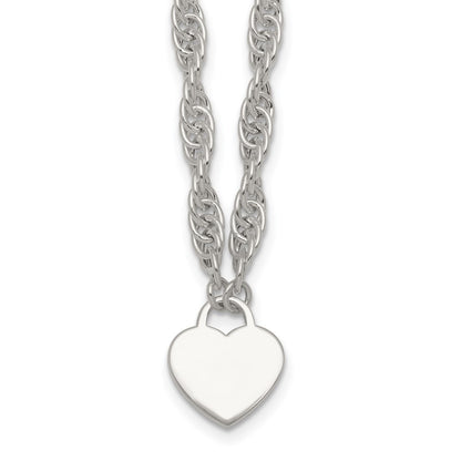 Sterling Silver Polished Engravable Heart 16in w/2in Ext Necklace
