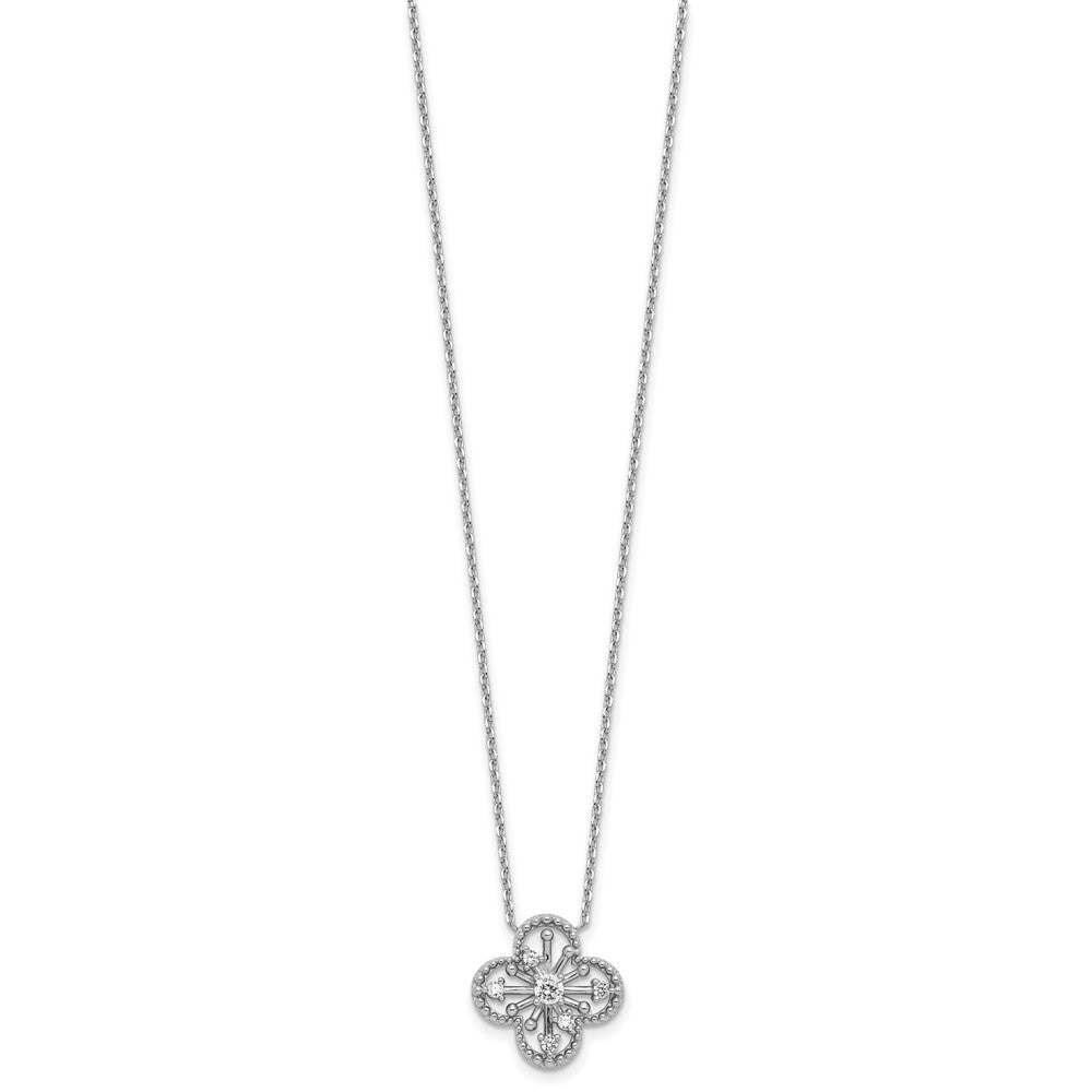 Sterling Silver Rhodium-Plated CZ Clover Shape 16in w/1.25in Ext Necklace