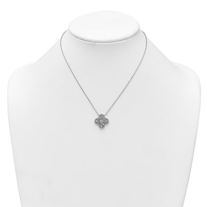Sterling Silver Rhodium-Plated CZ Clover Shape 16in w/1.25in Ext Necklace