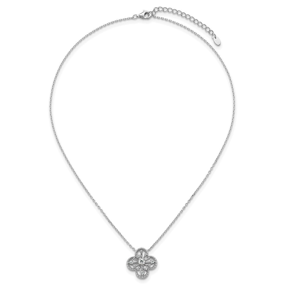 Sterling Silver Rhodium-Plated CZ Clover Shape 16in w/1.25in Ext Necklace