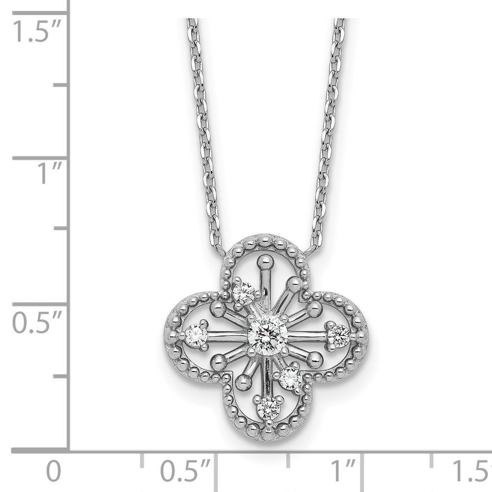 Sterling Silver Rhodium-Plated CZ Clover Shape 16in w/1.25in Ext Necklace