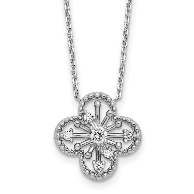 Sterling Silver Rhodium-Plated CZ Clover Shape 16in w/1.25in Ext Necklace