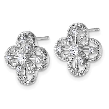 Sterling Silver Rhodium-Plated CZ Textured Clover Shape Post Earrings