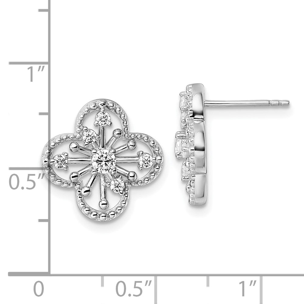 Sterling Silver Rhodium-Plated CZ Textured Clover Shape Post Earrings