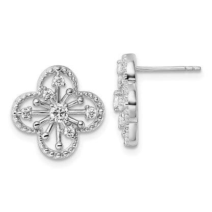 Sterling Silver Rhodium-Plated CZ Textured Clover Shape Post Earrings