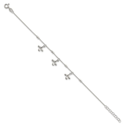 Sterling Silver Polished and Beaded 3 Leaf w/1in Ext Bracelet