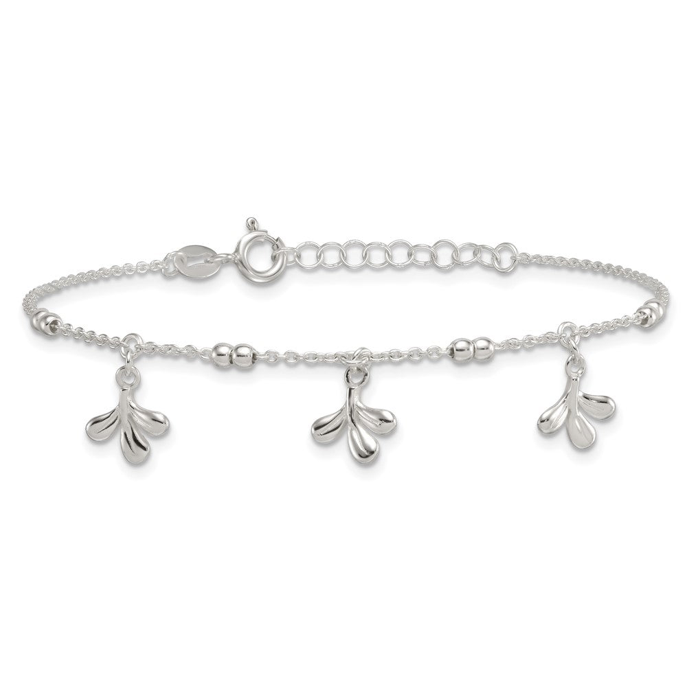 Sterling Silver Polished and Beaded 3 Leaf w/1in Ext Bracelet
