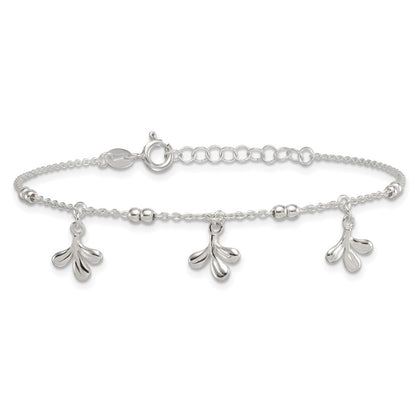Sterling Silver Polished and Beaded 3 Leaf w/1in Ext Bracelet