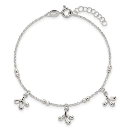 Sterling Silver Polished and Beaded 3 Leaf w/1in Ext Bracelet
