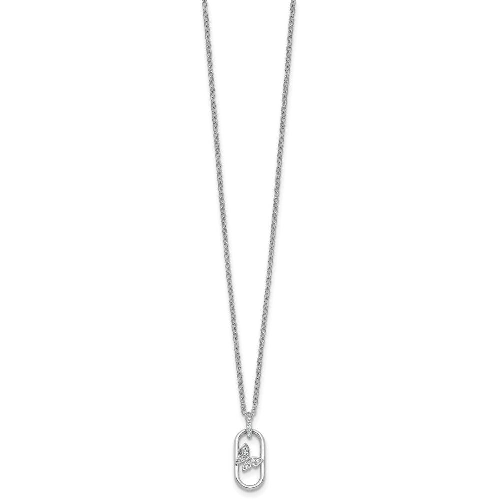 Sterling Silver Rhodium Plated CZ Oval with Butterfly 16in w/1.5in Ext Necklace