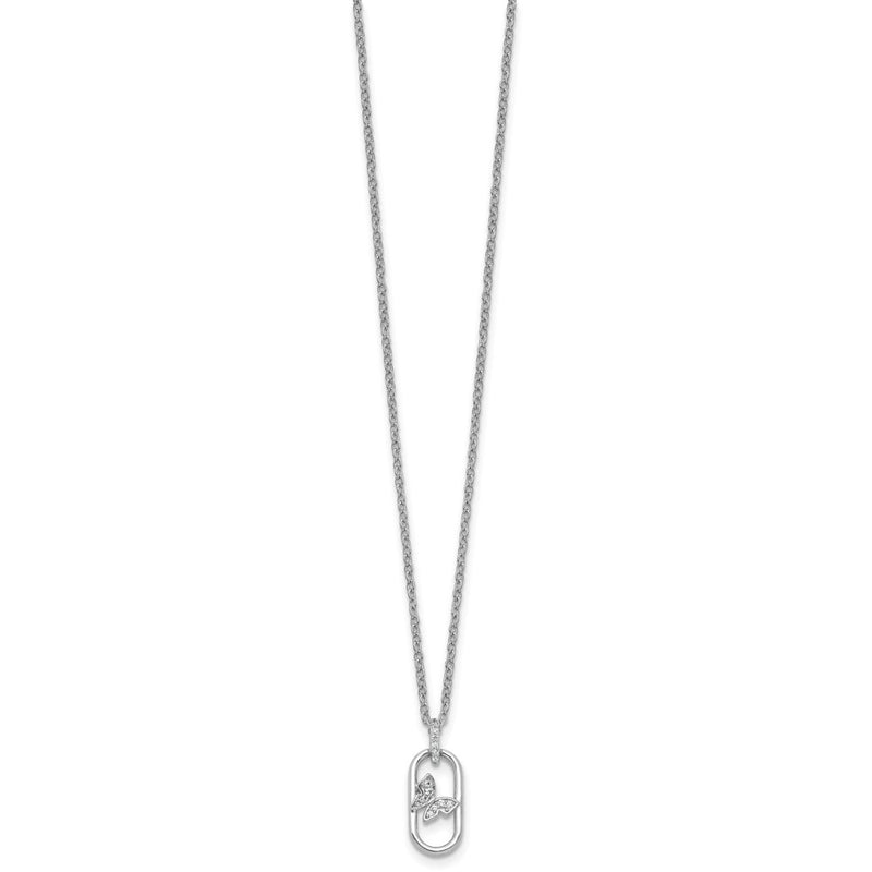 Sterling Silver Rhodium Plated CZ Oval with Butterfly 16in w/1.5in Ext Necklace