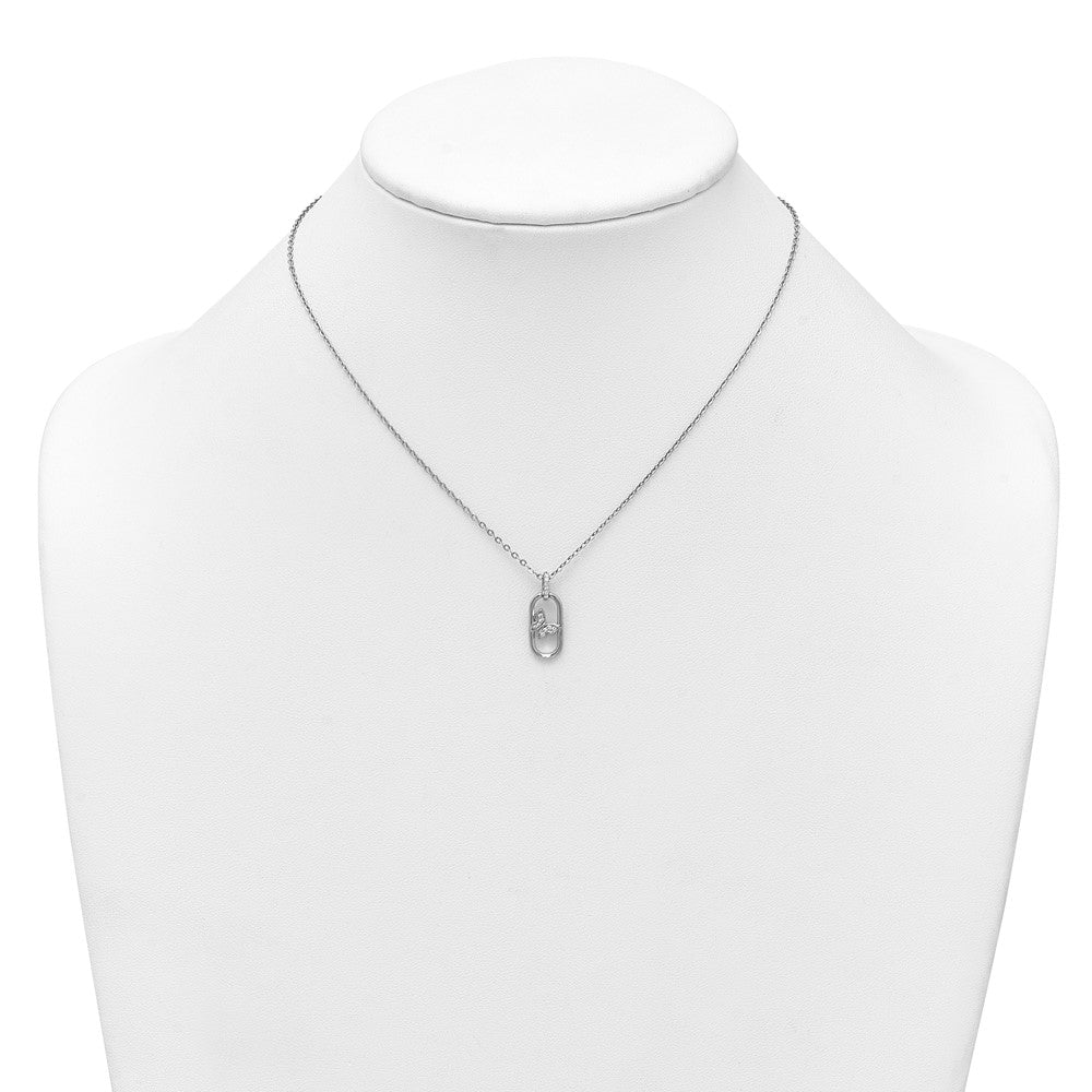 Sterling Silver Rhodium Plated CZ Oval with Butterfly 16in w/1.5in Ext Necklace