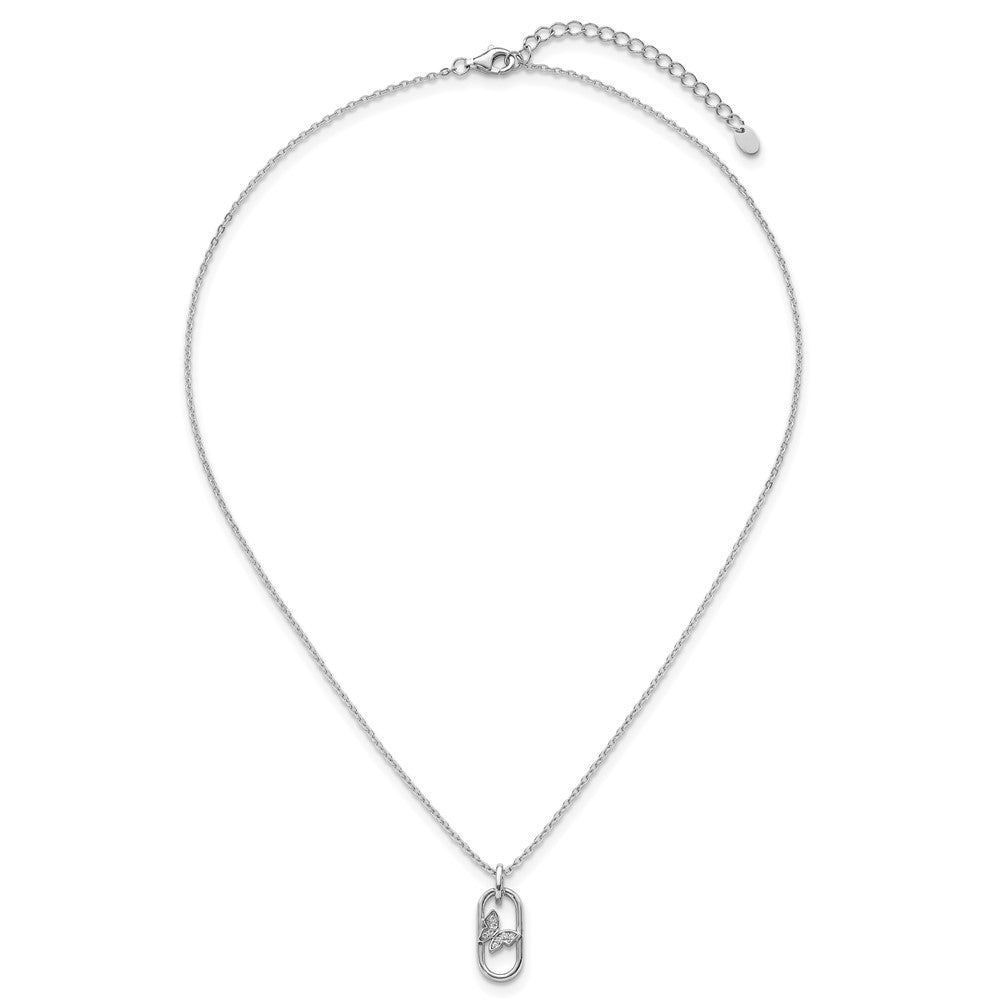 Sterling Silver Rhodium Plated CZ Oval with Butterfly 16in w/1.5in Ext Necklace