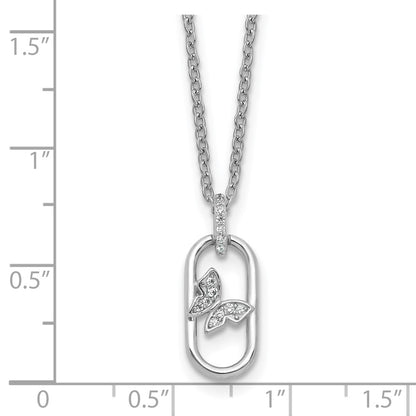 Sterling Silver Rhodium Plated CZ Oval with Butterfly 16in w/1.5in Ext Necklace