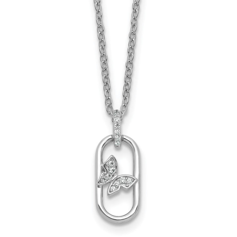 Sterling Silver Rhodium Plated CZ Oval with Butterfly 16in w/1.5in Ext Necklace